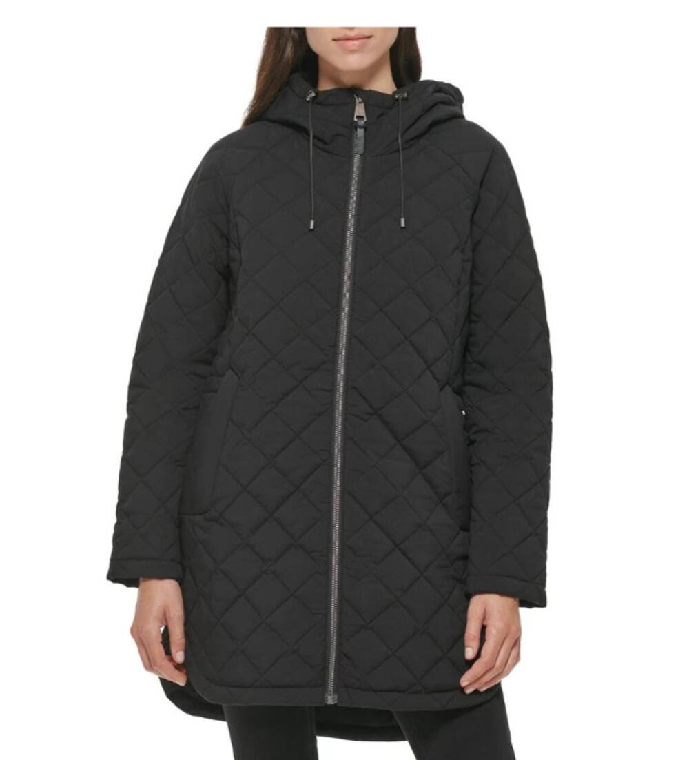 DKNY Womens Diamond Quilted Jacket XS Black Hooded Mid-Length NWT